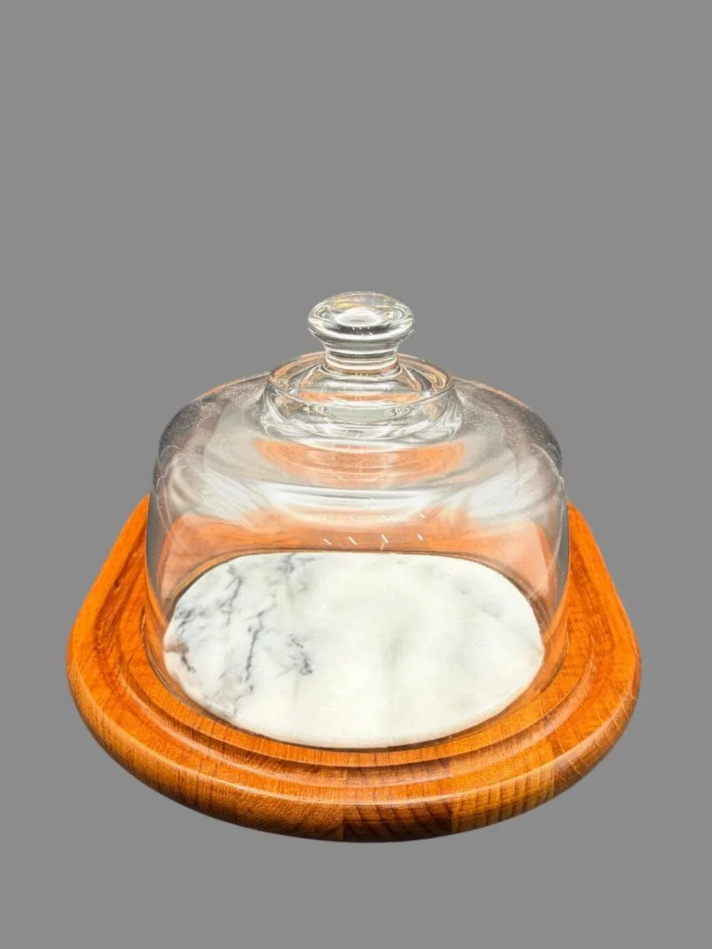 Vintage Teak Wood Cheese Board Glass Dome Marble Insert Serving Tray MCM